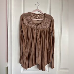 Free People Embroidered Yoke Long-Sleeve Tunic in Brown